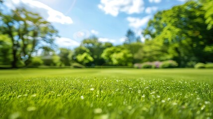 Poster - Beautiful blurred background image of spring nature with a neatly trimmed lawn surrounded by trees against a blue sky with clouds on a bright sunny day : Generative AI