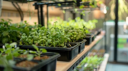 Poster - A close-up view of young green seedlings growing in black plastic trays on wooden shelves.