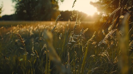 Poster - Beautiful natural panoramic countryside landscape Blooming wild high grass in nature at sunset warm summer Pastoral scenery Selective focusing on foreground : Generative AI