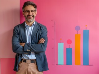 Poster - Confident Business Executive Stands Next to Growth Bar Graph Celebrating Successful Strategy