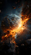 © Aditya - A fiery explosion erupts as a large asteroid collides with a planet, sending debris and molten rock into space.
