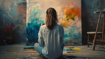 Poster - Back view of talented concentrated Caucasian woman professional artist sitting on floor in studio in evening painting drawing on big canvas creativity work contemporary creative painte : Generative AI