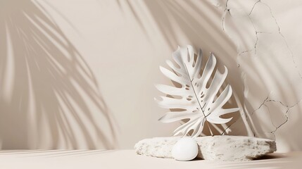 Aufkleber - Tropical dry leaf product presentation with Cracked stone  Natural beige background Studio Minimal showcase for cosmetic or skin care design template : Generative AI