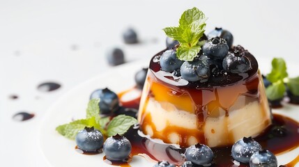 Aufkleber - Delicious pudding with caramel blueberries and mint isolated on white : Generative AI