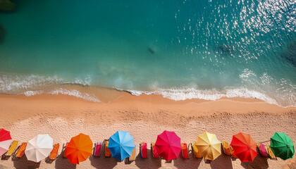 aerial view of beach with umbrellas and sea