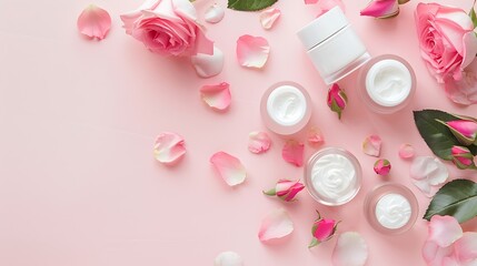 Wall Mural - Natural beauty products for body treatment and skin care concept Flat lay white cosmetic bottles jars of moisturizer cream rose buds and petal on light pink background : Generative AI