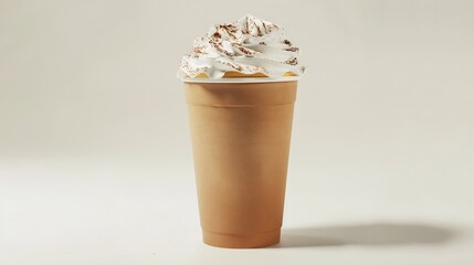 Poster - cardboard paper take away cup of pumpkin drink decorated with whipped cream and cinnamon isolated on white background : Generative AI