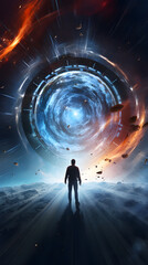 Wall Mural - a lone figure stands on a desolate planet, gazing up at a massive swirling portal in the sky, surrou