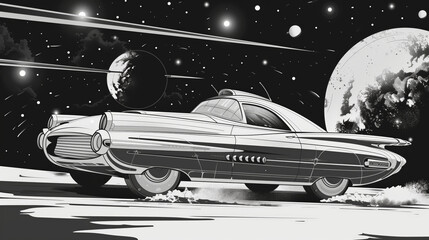 Futuristic retro y2k design elements Cyberpunk 80s 90s style, artwork illustration science fiction magazine, book cover black and white.  Vintage car in space galaxy planet