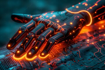 Sticker - Robotic hand with orange lights on a circuit board showcasing advanced technology and intricate design.