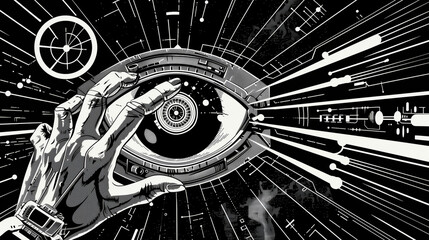 Futuristic retro y2k design elements Cyberpunk 80s 90s style, artwork illustration science fiction magazine, book cover, black and white. Eye AI artificial intelligence in space cosmos 