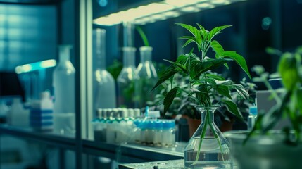Poster - A cannabis plant growing in a glass beaker in a laboratory setting, with other plants and scientific equipment in the background.