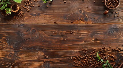 Wall Mural - A rustic wooden table with coffee beans on a brown background, perfect