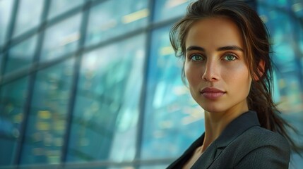 Wall Mural - Urban Confidence: A young businesswoman exudes determination against a backdrop of modern architecture, her piercing gaze reflecting ambition and drive. 