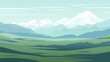 © LoveSan - Serene mountain landscape vector illustration. Snow-capped mountains, hills and beautiful green open fields. Calm scenery and refreshing atmosphere. Clear sky with clouds.