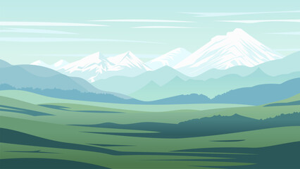 serene mountain landscape vector illustration. snow-capped mountains, hills and beautiful green open