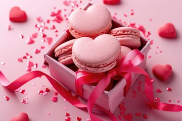 Wall Mural - Valentine's Day Pharmacy. Heart-Shaped Macaroons on Pink Background - A Romantic Valentine's Day Gift