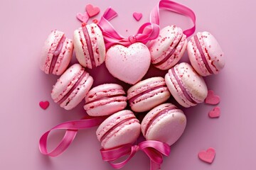 Wall Mural - Valentines Day Pharmacy. Heart-Shaped Macaroons on Pink Background with Love Symbols