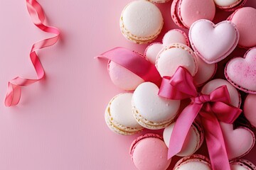 Wall Mural - Valentine's Day Pharmacy. Heart-Shaped Macaroons with Pink Gift and Ribbon on Romantic Pink Background