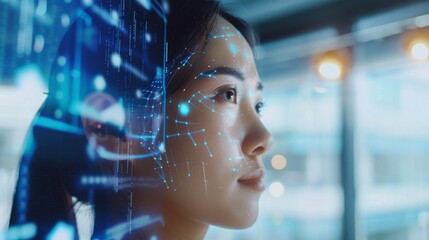 Fototapete - A young woman focuses intently on data analysis as digital graphics overlay her profile in a contemporary office setting during dusk.