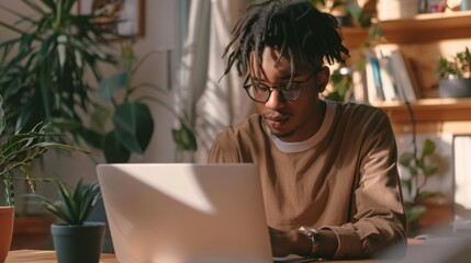 Aufkleber - A young man with dreadlocks concentrates on his laptop in a bright home office filled with plants.