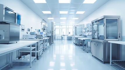 A sterile lab interior with stainless steel equipment