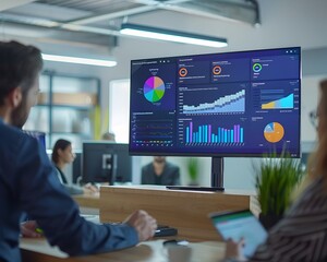 Poster - business professionals analyzing financial data on digital dashboard in meeting