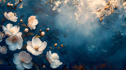 Wall Mural - Abstract painted white flowers with gold and dark blue moody background