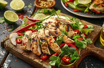 Homemade Grilled Chicken Breast in lime sauce with herbs on wooden board