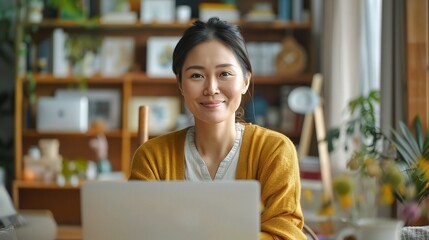 Sticker - Smiling Woman Working From Home: A young Asian woman smiles warmly as she works on her laptop in a cozy home office setting. The image exudes a sense of peace, productivity, and the comfort of working