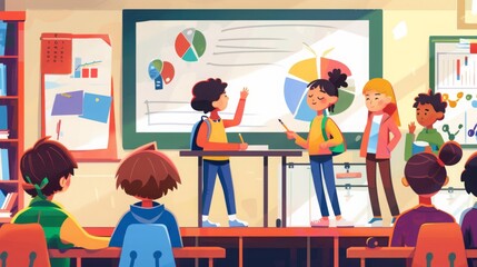 Poster - A classroom filled with students attentively watching their classmates give a presentation on charts and graphs.