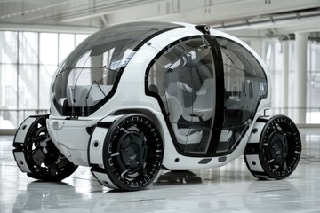 Sticker - Futuristic electric vehicle in a clean industrial setting highlighting advanced technology and sleek design.