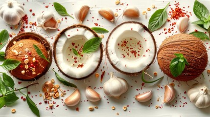 Canvas Print - Coconut halves and garlic with fresh basil leaves. A top view of tropical ingredients for cooking. This culinary-themed stock photo is perfect for food blogs and recipe websites. AI