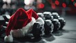© Popelniushka - Christmas Gym: Santa Claus Hat on Stand with Dumbbells in Fitness Center