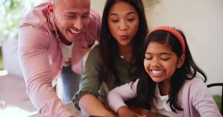 Poster - Parents, girl child and tablet for games, elearning or streaming video with happiness and bonding at table in home. Family, woman and man with kid and touchscreen for social media, cartoon or movie