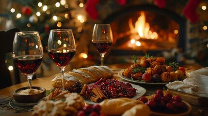 An intimate family holiday dinner by the fireplace, wine glasses clinking in celebration, a cozy room with holiday decorations, a table set with a variety of festive foods, children laughing nearby,