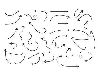 Poster - Hand-Drawn Pen Arrows Set, Black Vector, Many vector curvy and wavy arrows isolated on white background. Hand drawn thin line arrows set.