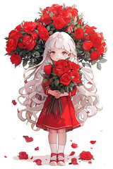 anime girl with long white hair holding a bunch of red roses