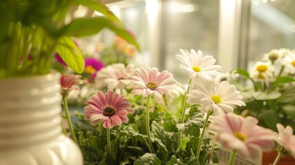 Poster - Pink and white daisies bloom in a sunny windowsill, their petals open wide. A vase of flowers sits in the foreground, partially obscured by the lush greenery of the daisies.