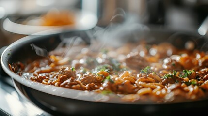 Wall Mural - A steaming skillet filled with a savory pasta dish topped with fresh herbs, showcasing a blend of succulent meat, rich tomato sauce, and perfectly cooked pasta.