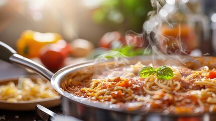 Wall Mural - A delicious tomato pasta dish topped with fresh basil leaves, steaming hot and illuminated by sunlight, capturing the essence of a hearty homemade meal.