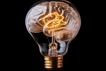 Canvas Print - Brain shaped filament inside a light bulb showcasing innovative ideas and creative thinking in a dark setting.