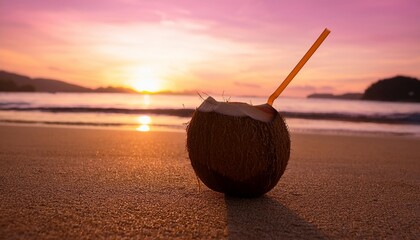 Poster - coconut with a straw beach with pink sunset summer feeling