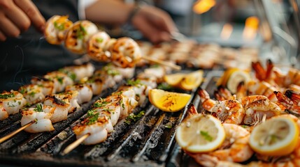 Wall Mural - This image showcases grilled seafood skewers with a variety of shrimp and scallops, garnished with fresh herbs and accompanied by lemon slices on a flaming grill.