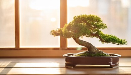 Wall Mural - a small bonsai tree sits on a wooden stand in front of a window