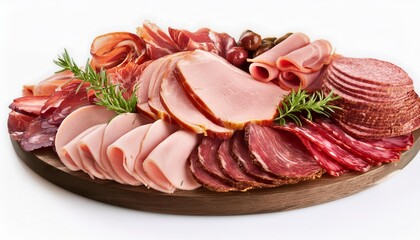 Wall Mural - a platter of assorted deli meats including turkey ham and roast beef isolated on white background