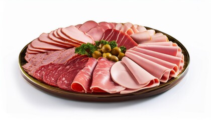 Wall Mural - a platter of assorted deli meats including turkey ham and roast beef isolated on white background