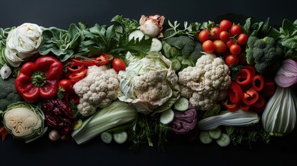 Sticker - Colorful assorted vegetables including cauliflower, tomatoes, cucumbers, and peppers laid out on a black surface, providing a vibrant and healthy display suitable for culinary inspiration.