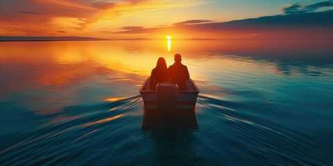 Wall Mural - A couple enjoys a sunset boat ride. AI.