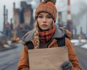 Wall Mural - A young woman holds a blank sign in front of a factory. AI.